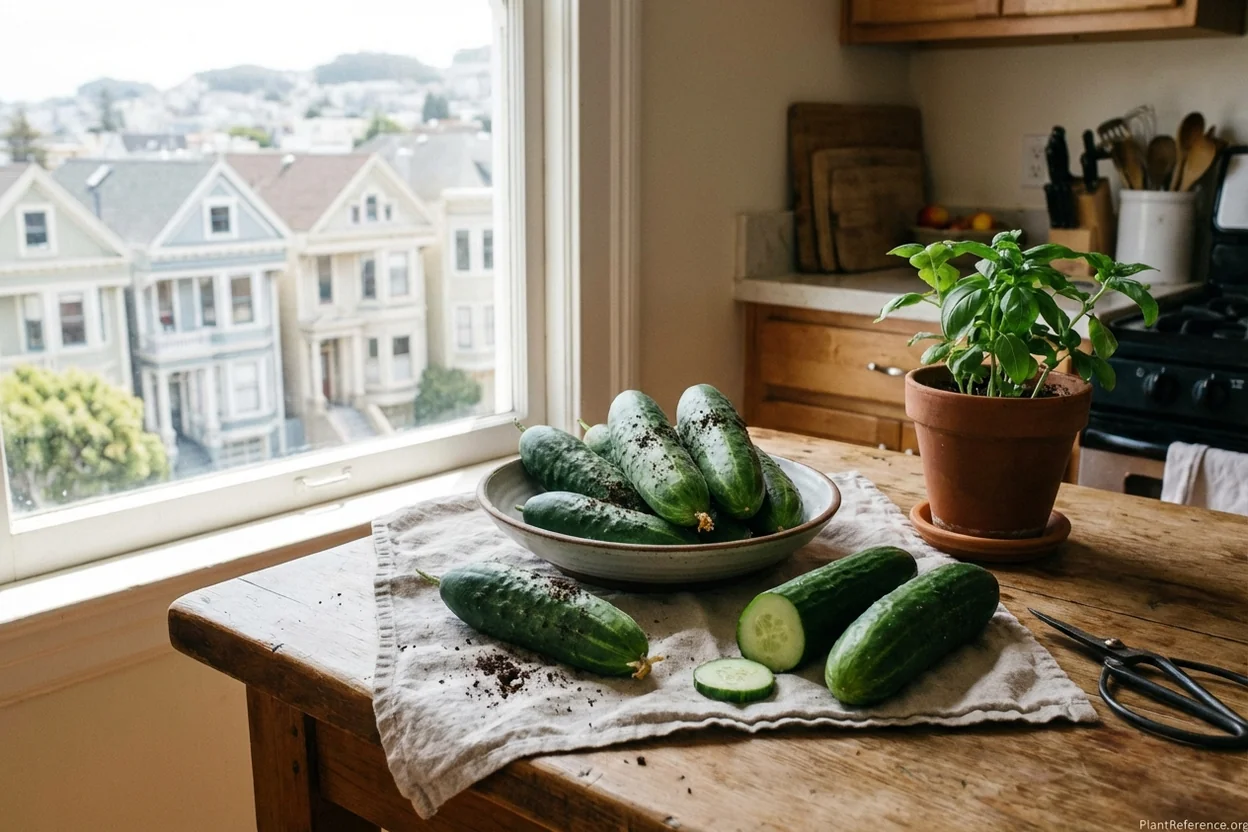 Fresh cucumbers from San Francisco Zone 10a garden on kitchen counter