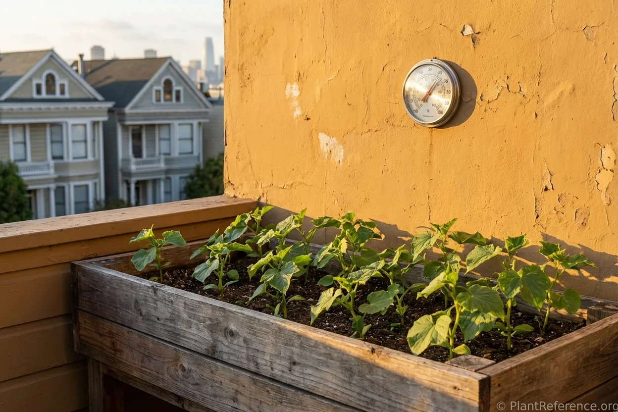 Thermometer showing warm temperatures against south-facing wall in San Francisco garden