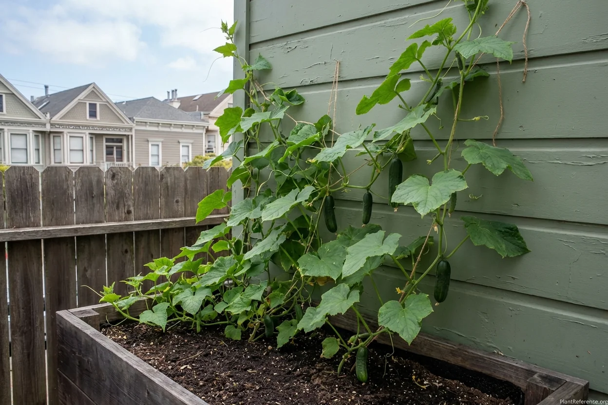 Persian cucumbers on compact vines against warm wall in San Francisco Zone 10a garden