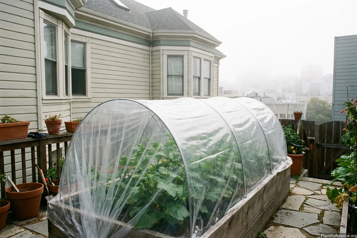 Clear plastic row cover creating warm microclimate for cucumbers in San Francisco fog belt garden