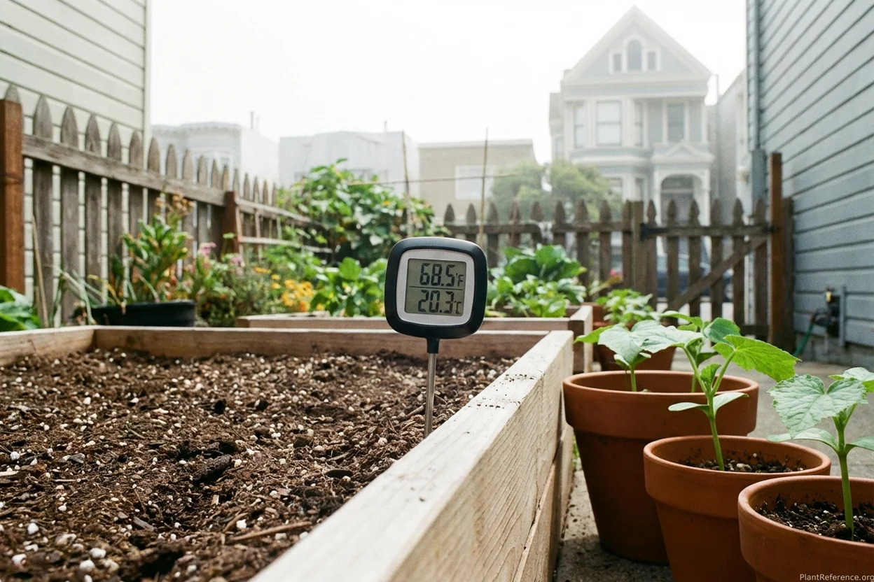 Digital soil thermometer in San Francisco raised bed checking temperature for cucumber planting
