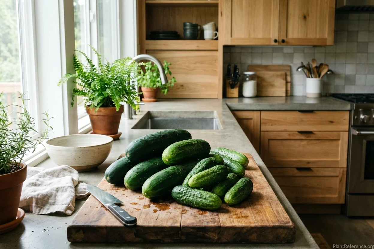 Fresh cucumbers from Seattle Zone 8b garden on kitchen cutting board