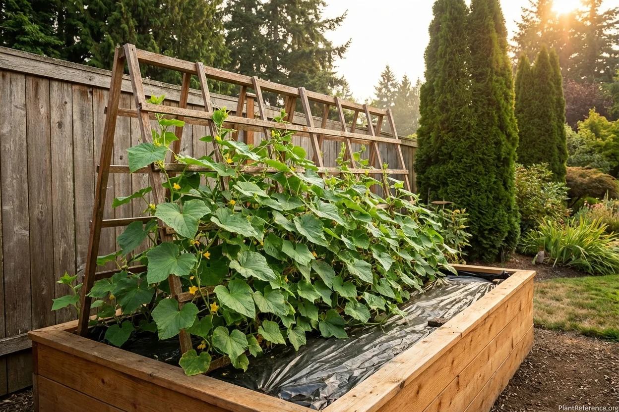 Cucumber trellis against south-facing wall in Seattle garden creating warm microclimate