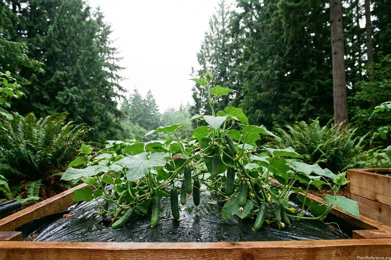 Persian cucumbers growing in raised bed with black plastic mulch in Seattle Zone 8b garden