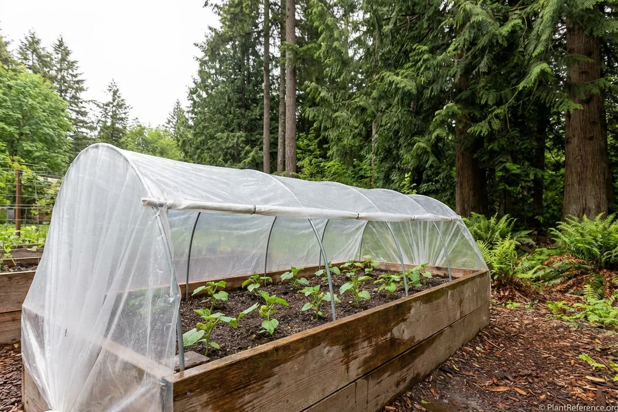 Clear plastic row cover boosting temperature for cucumbers in Seattle raised bed