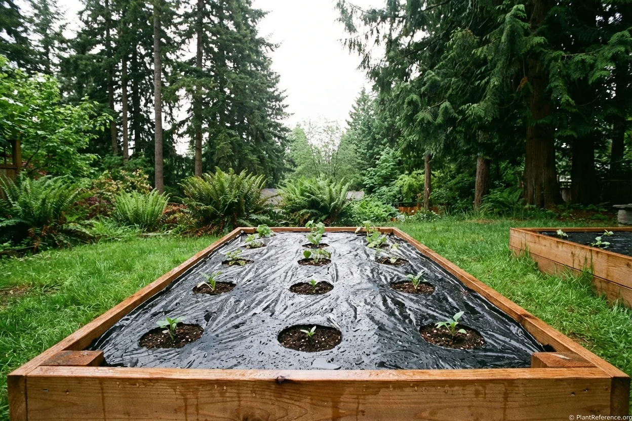 Black plastic mulch warming raised bed soil in Seattle garden before cucumber transplanting