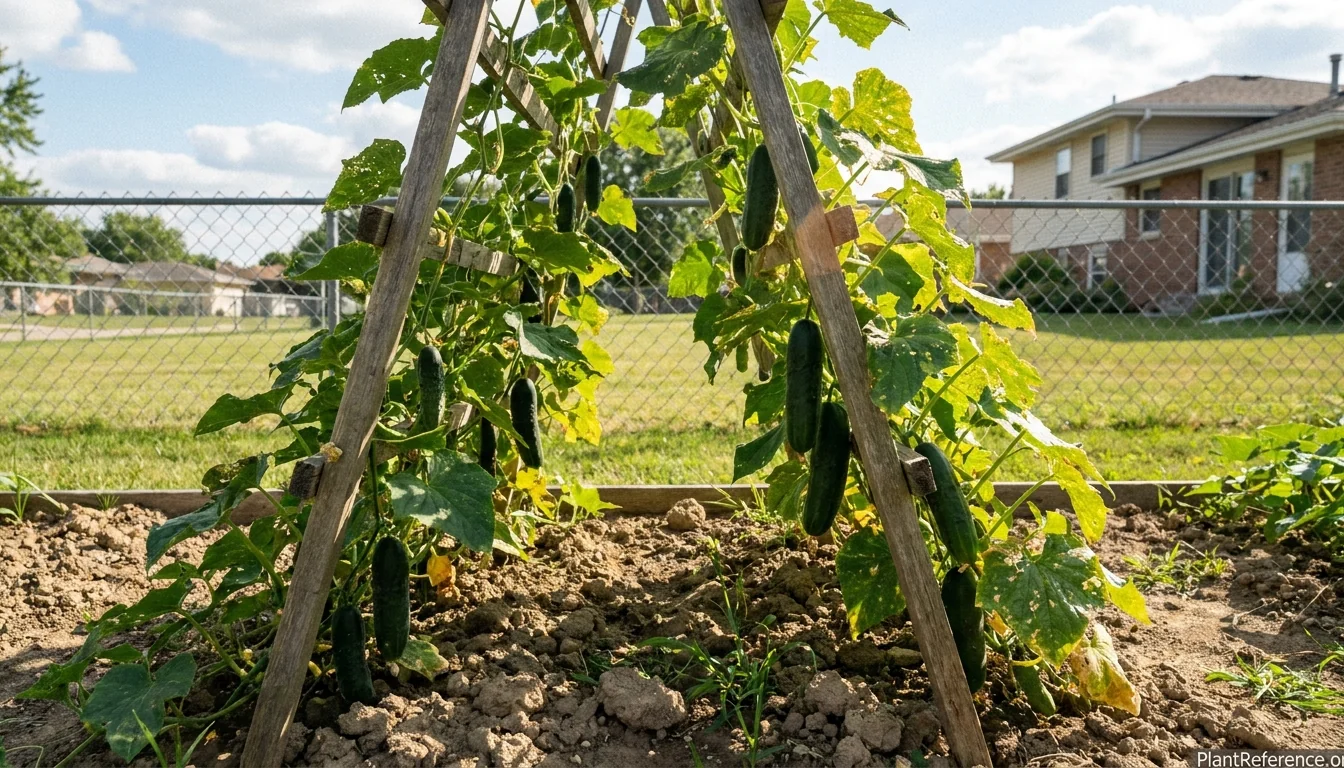 Cucumber vines on trellis in Kansas City Zone 6a garden producing summer harvest