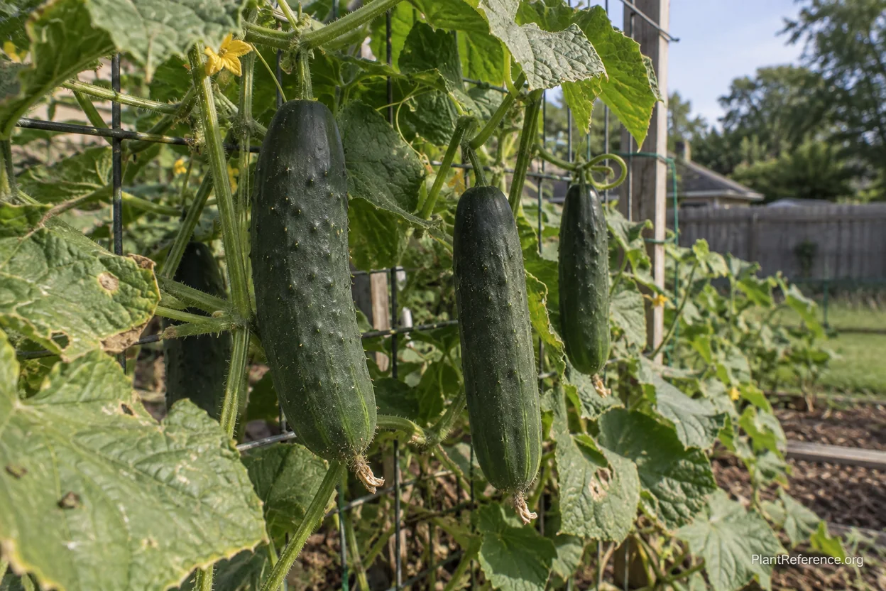 Dark green Marketmore 76 cucumbers growing on vine in Kansas City Zone 6a garden