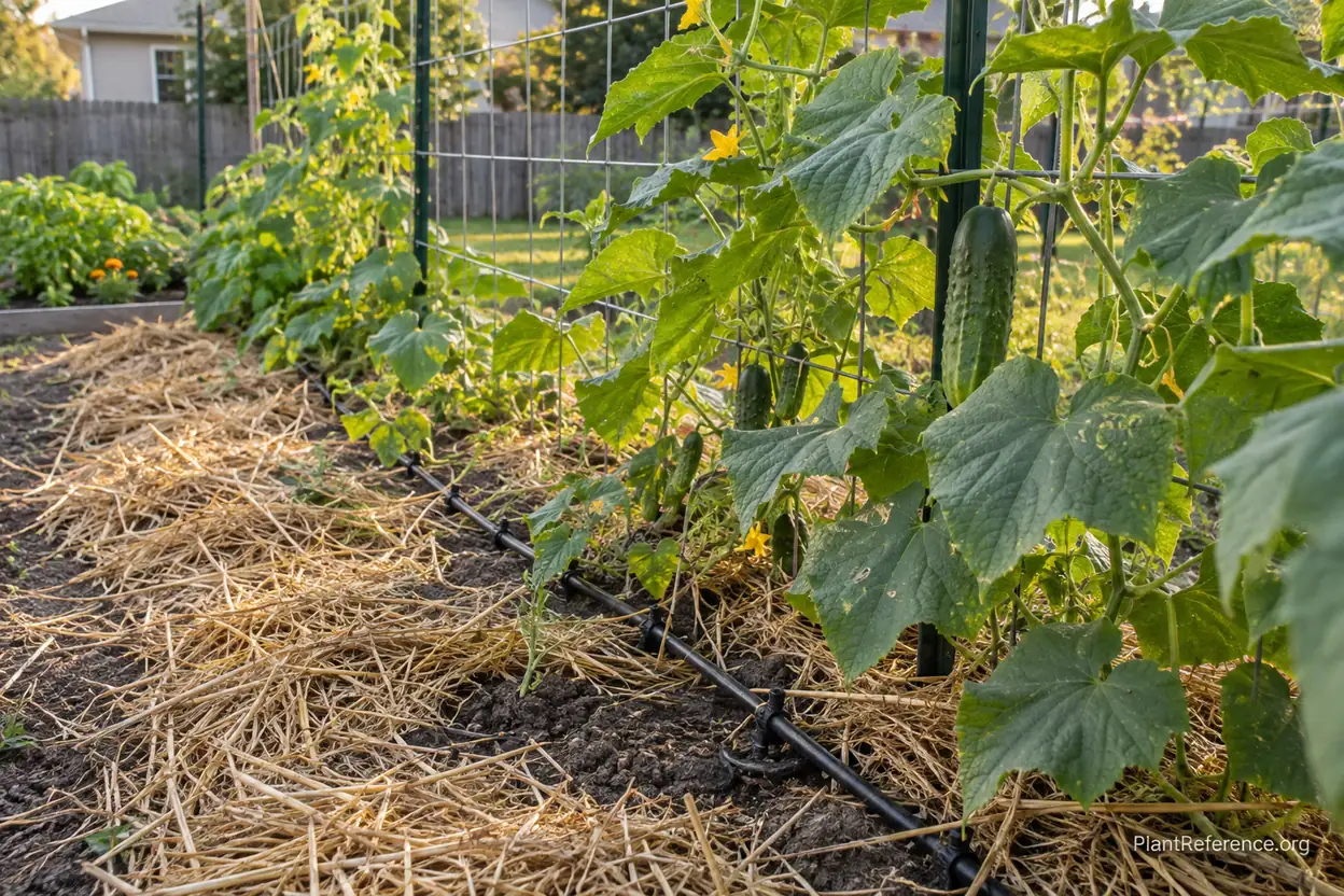 Mulched cucumber bed with drip irrigation system in Kansas City Zone 6a garden