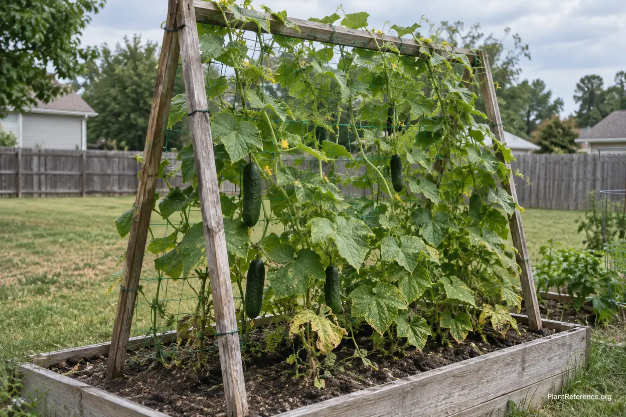 Vertical cucumber trellis in raised bed garden in Kansas City Zone 6a yard
