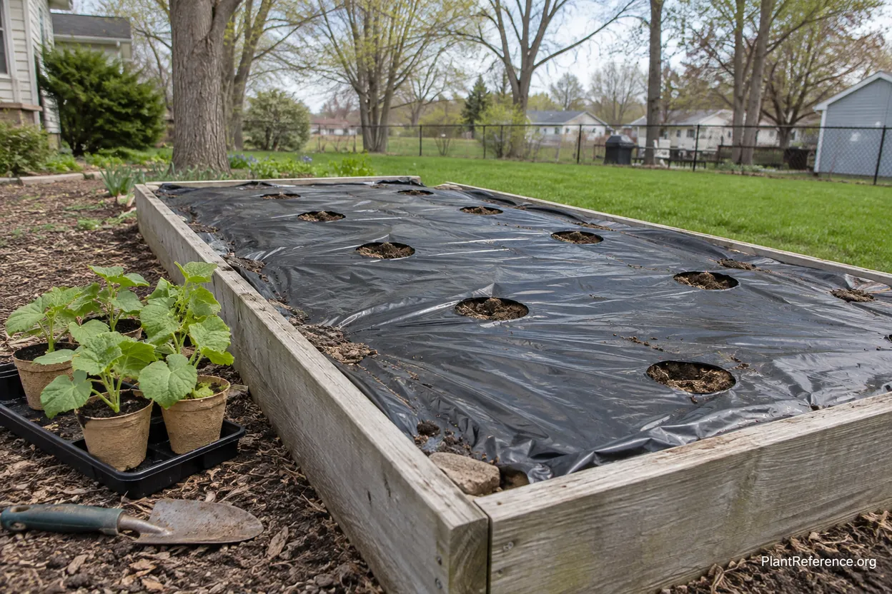 Black plastic mulch on raised bed pre-warming soil for cucumber planting in Milwaukee