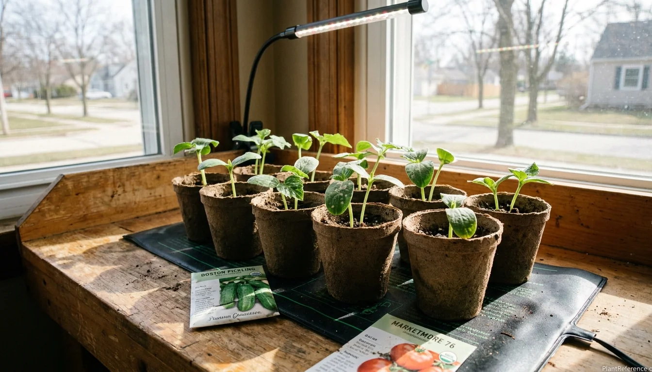 Cucumber seedlings started indoors under grow light for Milwaukee Zone 5b garden