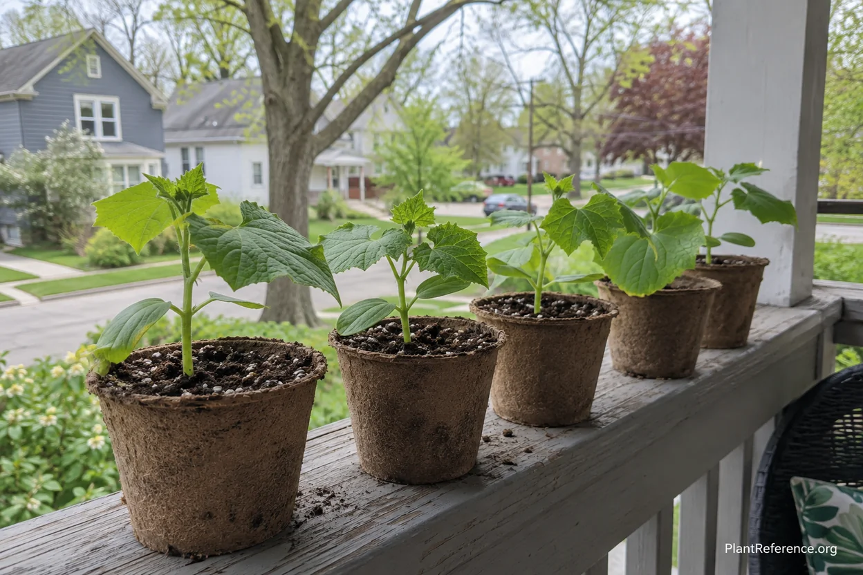 Cucumber transplants hardening off on covered porch before planting in Milwaukee garden