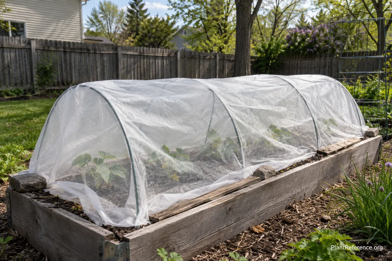 Floating row cover over cucumber transplants protecting from late frost in Milwaukee