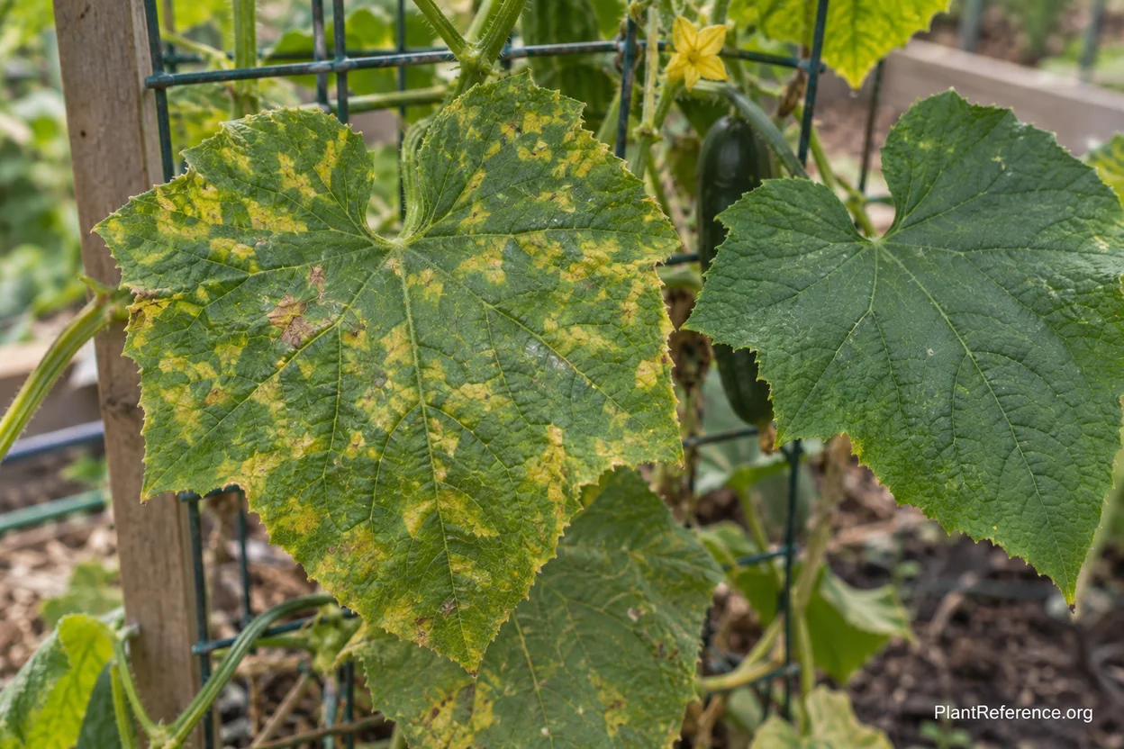 Downy mildew on cucumber leaf showing angular yellow lesions common in New York humidity
