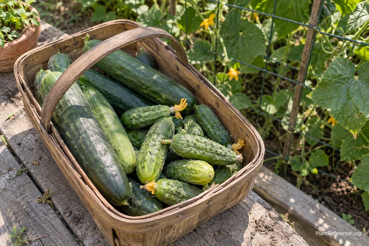 Fresh cucumbers harvested from New York garden into wooden basket in summer