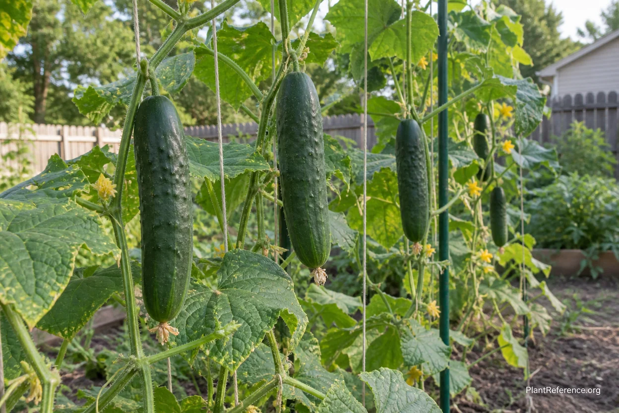 Marketmore 76 cucumbers growing on vertical trellis in New York Zone 7a garden