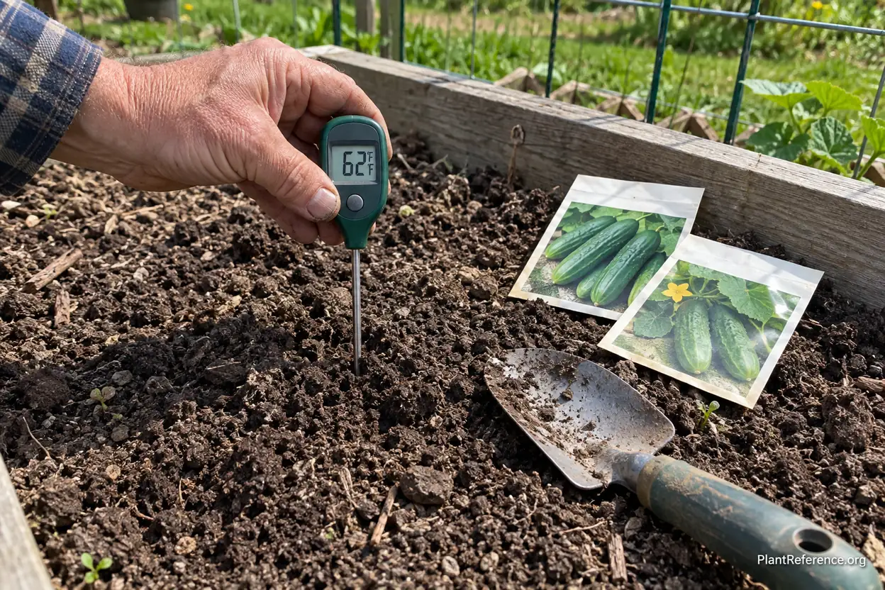 Digital soil thermometer showing 60 degrees in garden bed ready for cucumber planting