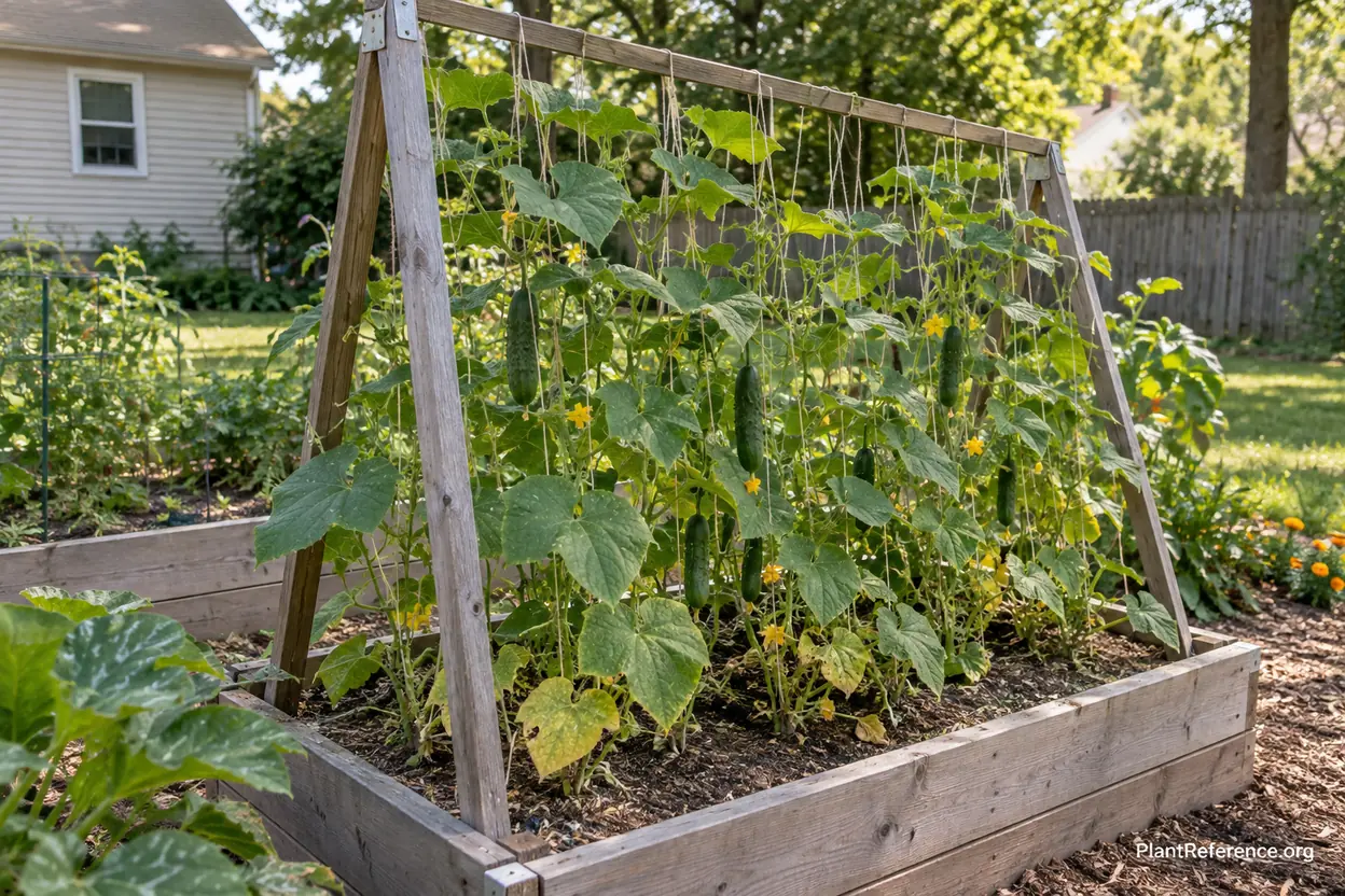Vertical cucumber trellis system in raised bed garden showing proper air circulation