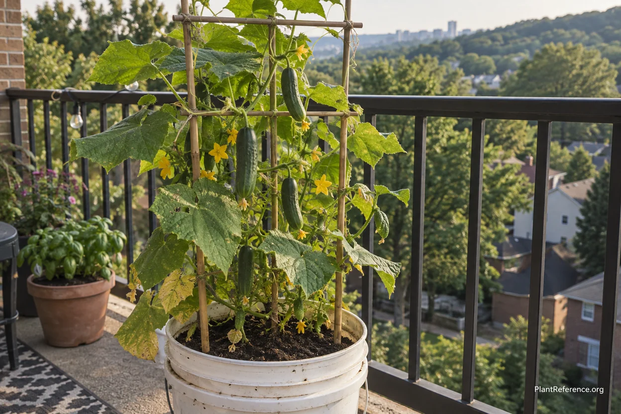 Persian cucumbers growing in container with trellis on Pittsburgh suburban balcony