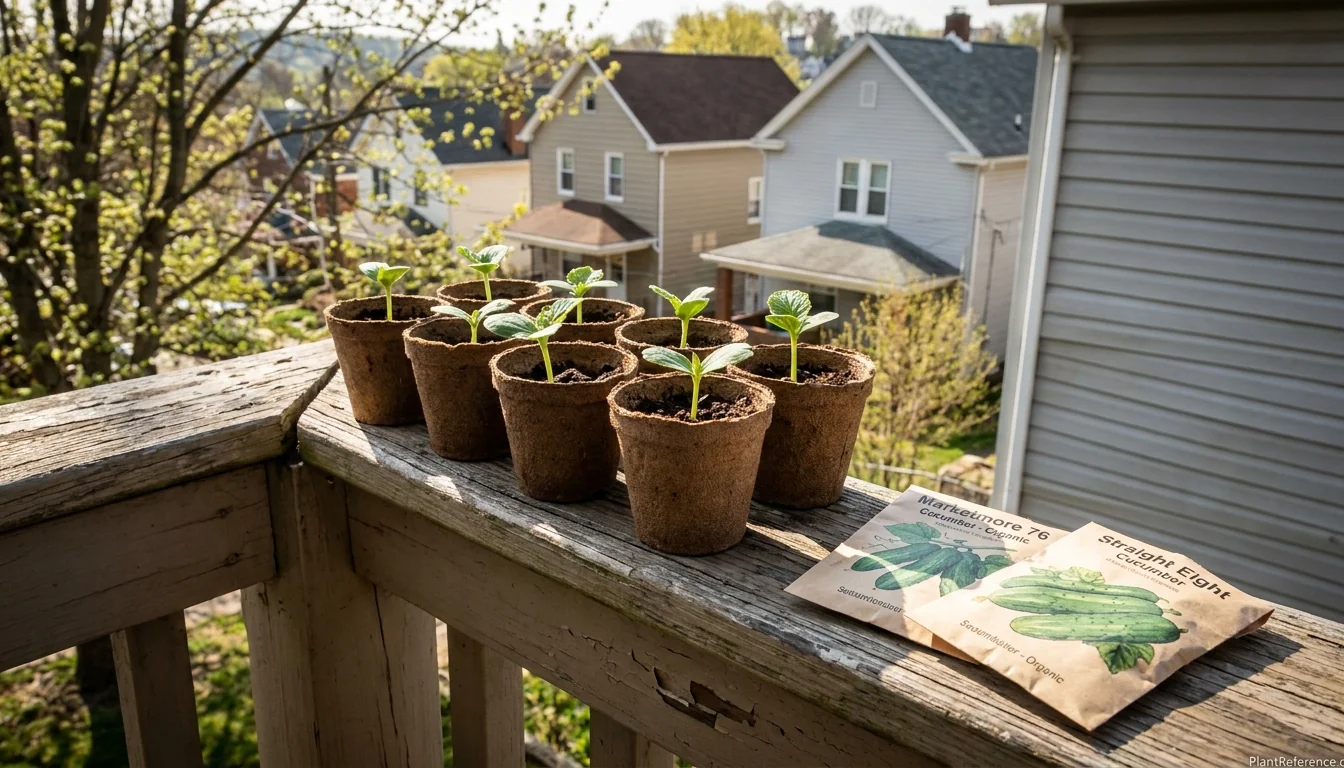 Cucumber seedlings in containers on Pittsburgh balcony garden ready for planting in Zone 6b