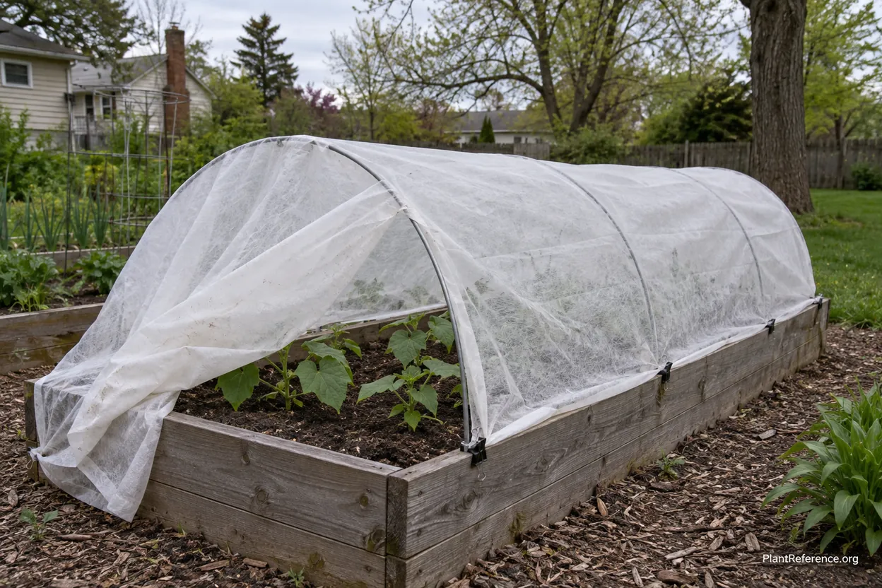 Floating row cover protecting young cucumber transplants from late frost in Pittsburgh garden