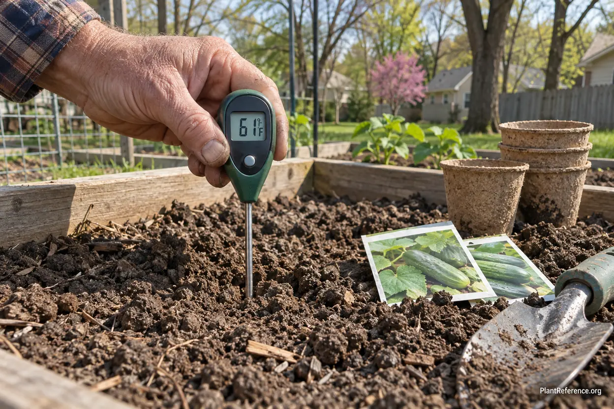 Digital soil thermometer in Pittsburgh raised bed showing temperature ready for cucumber planting