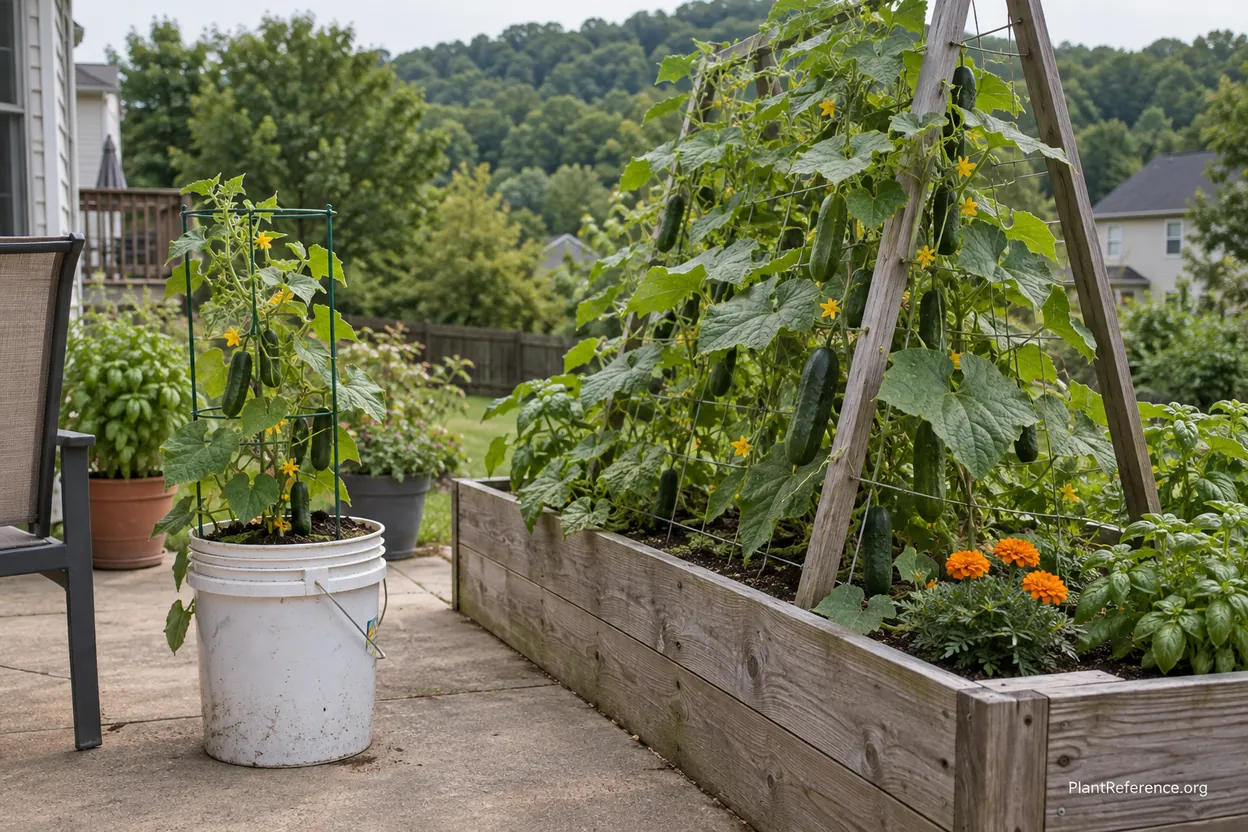 Multiple cucumber varieties growing in containers and raised bed in Pittsburgh Zone 6b garden
