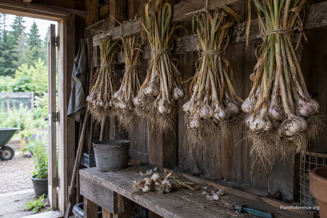 Bundles of harvested garlic hanging to cure in an airy shaded Pacific Northwest space