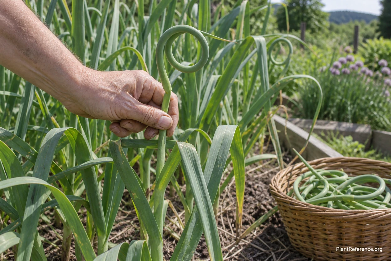 Curling hardneck garlic scape being removed to increase bulb size in a PNW garden