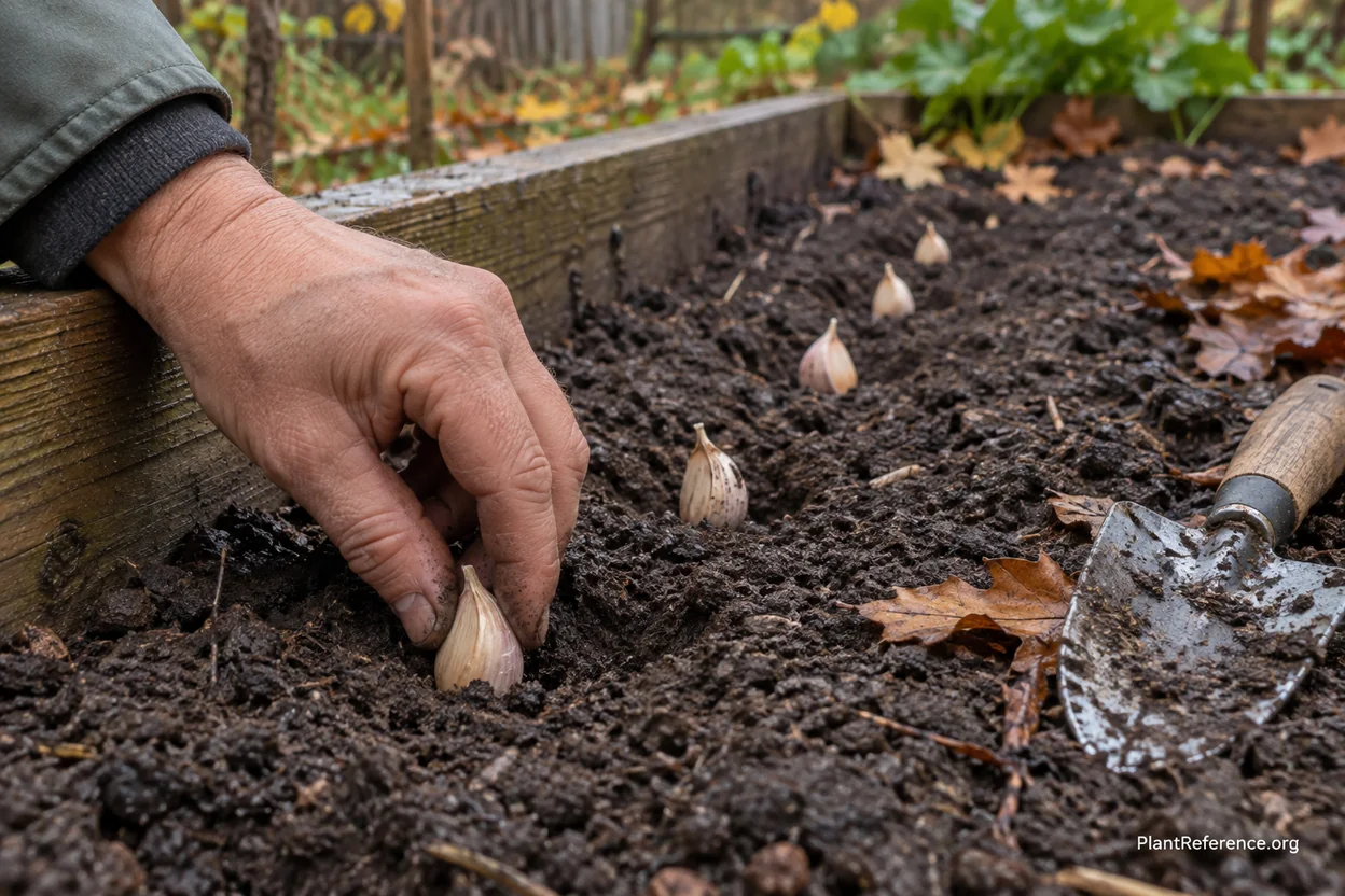 Planting garlic cloves pointed end up in a Pacific Northwest raised bed in fall