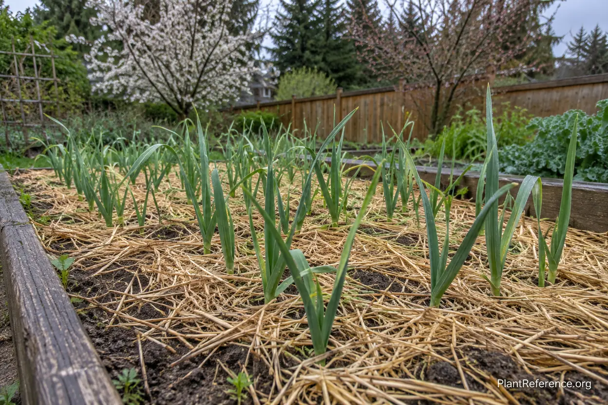 Green garlic shoots growing through straw mulch in a Pacific Northwest spring garden