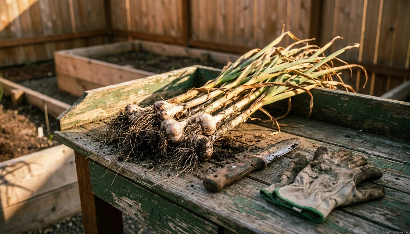 Freshly harvested hardneck garlic bulbs curing in a Pacific Northwest summer garden
