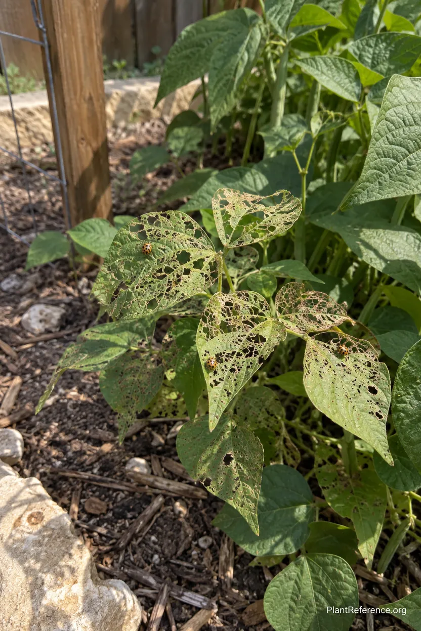 Mexican bean beetle damage on green bean plants in Austin Texas