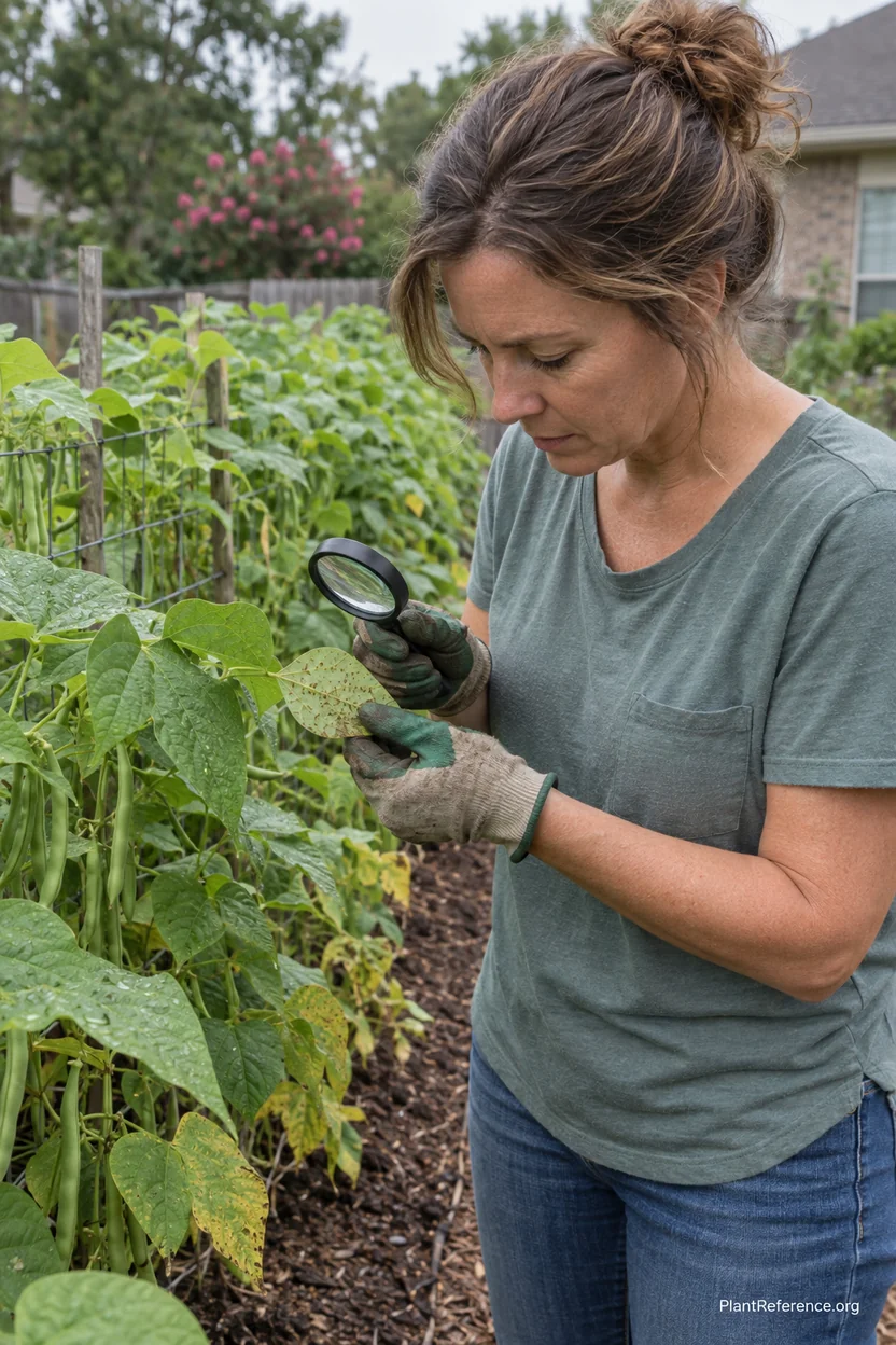 Houston gardener checking green bean plants for fungal problems in humid Zone 9a conditions