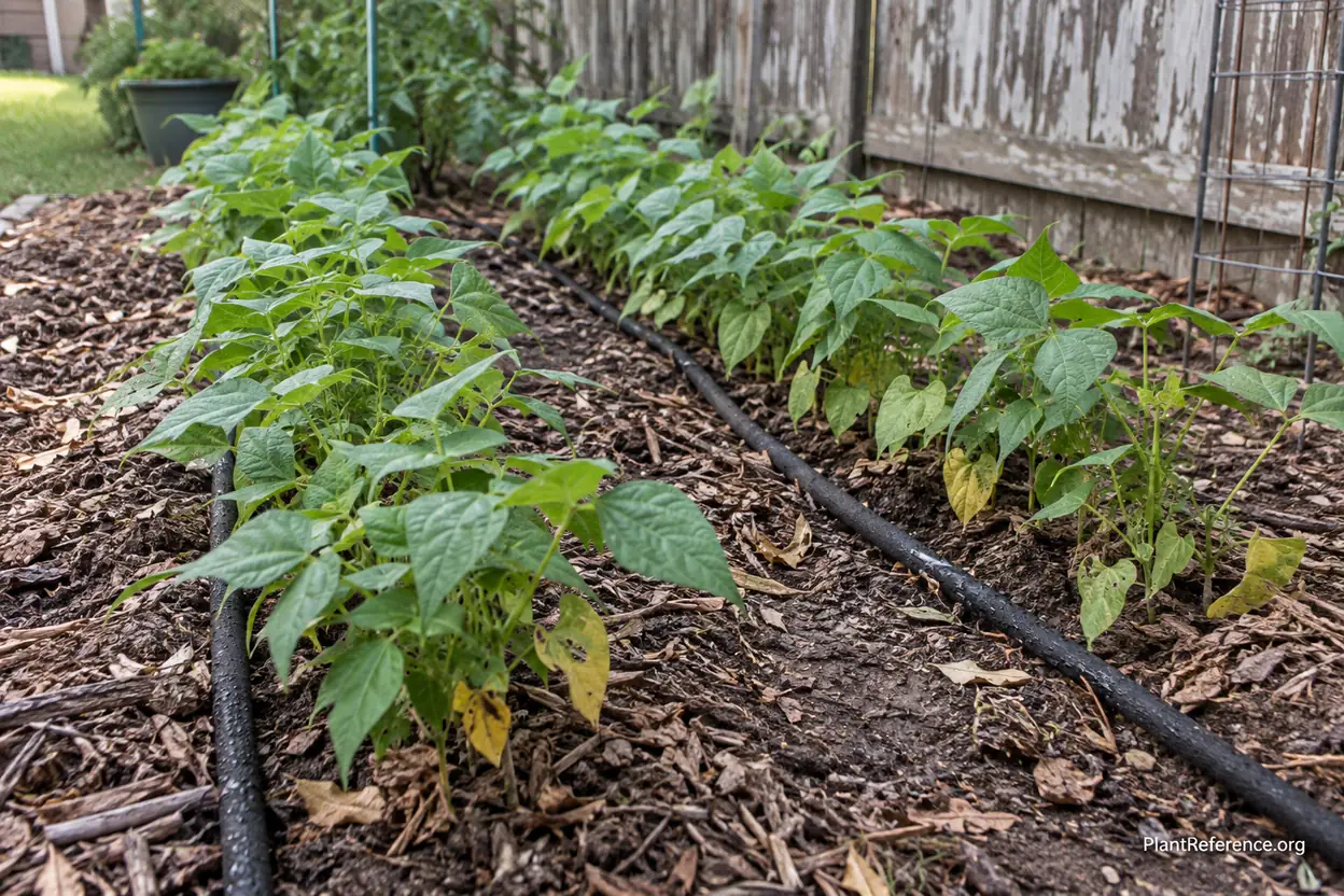 Soaker hose irrigation system for Houston green bean garden showing proper mulching technique