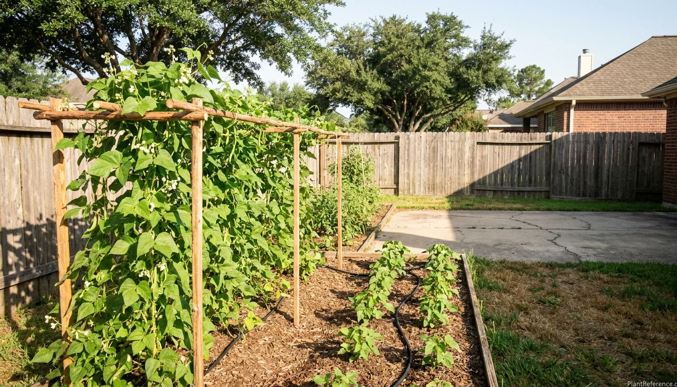 Houston green beans growing successfully in Zone 9a Texas backyard garden with trellis support