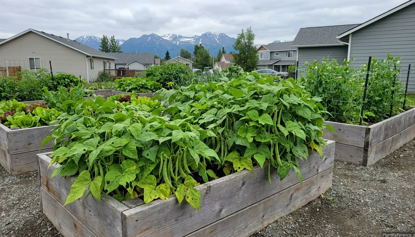 Green bean plants growing successfully in Anchorage Alaska garden with mountains in background
