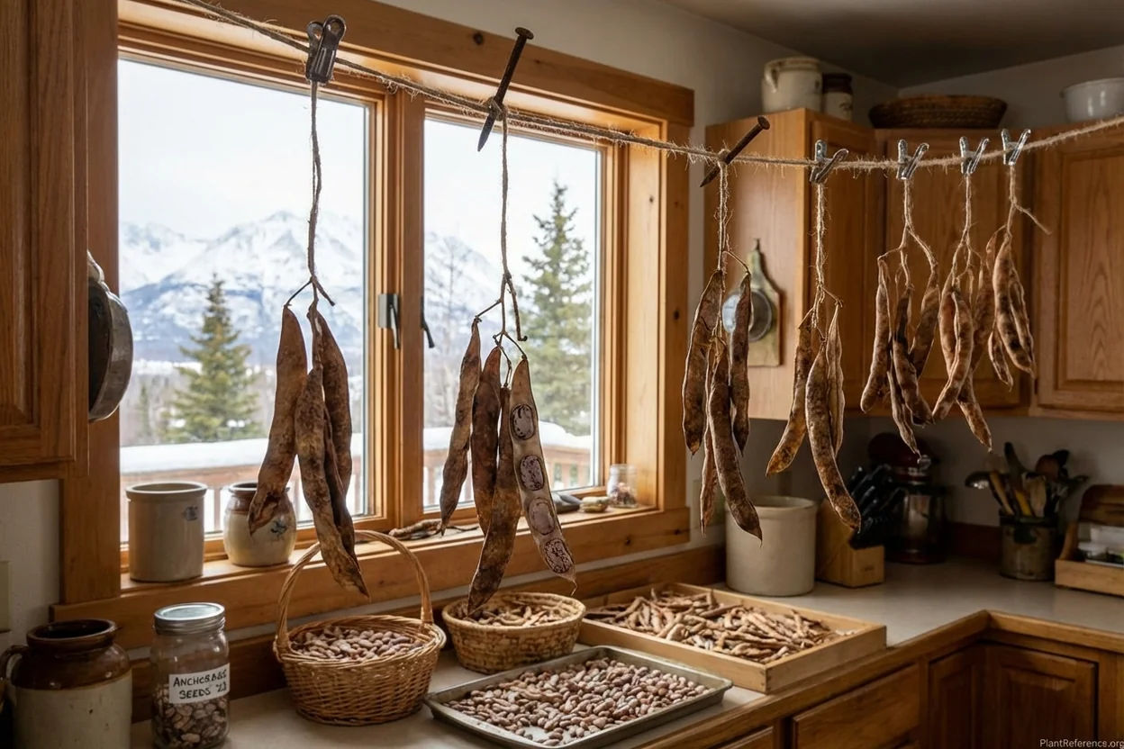 Mature dried bean pods ready for seed harvesting in Anchorage Alaska