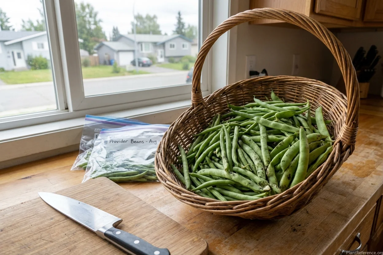 Freshly harvested green beans in basket ready for preservation in Anchorage Alaska
