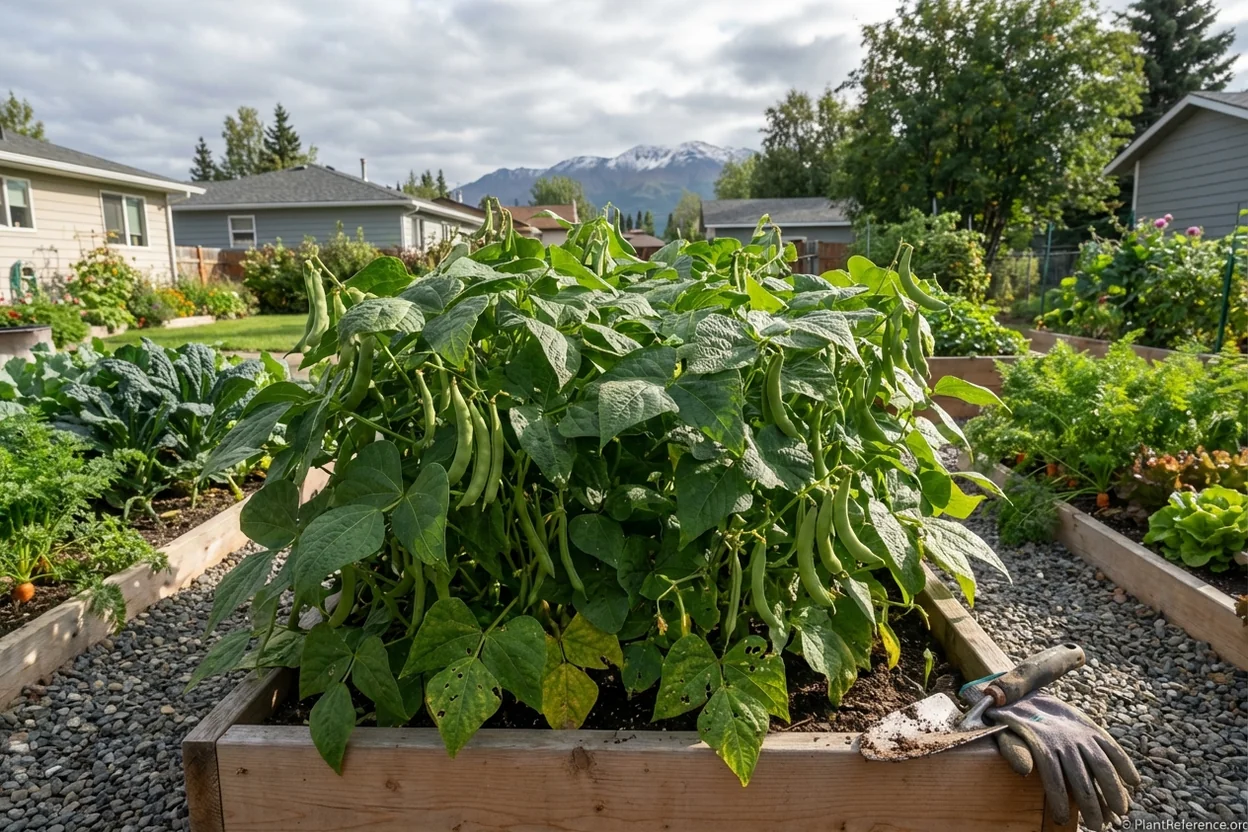 Provider green bean plants growing in raised bed in Anchorage Alaska garden