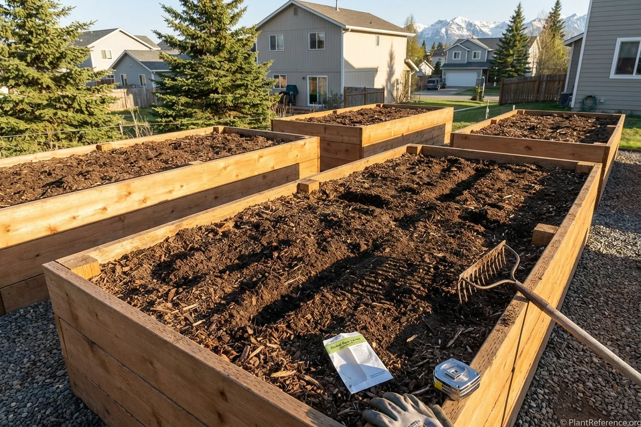 Raised garden beds prepared for green bean planting in Anchorage Alaska