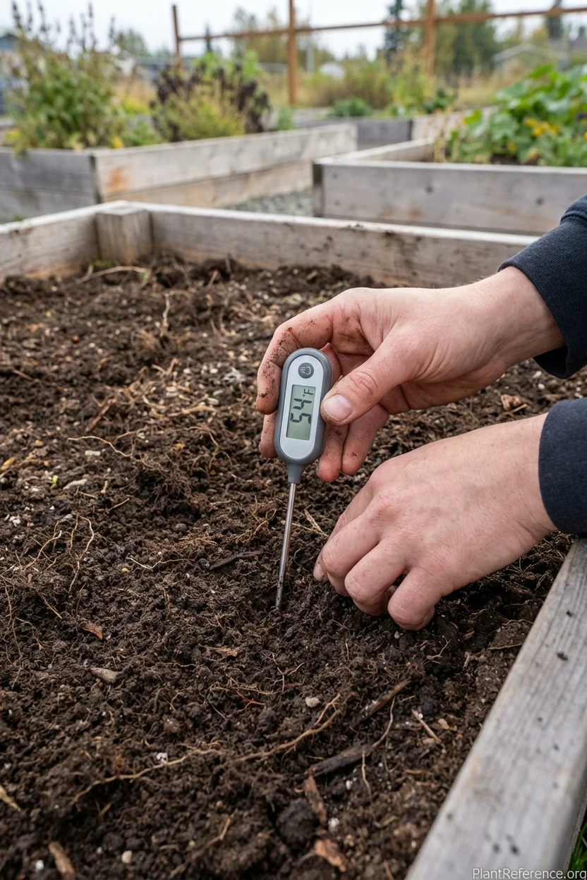 Checking soil temperature for bean planting in Anchorage Alaska garden