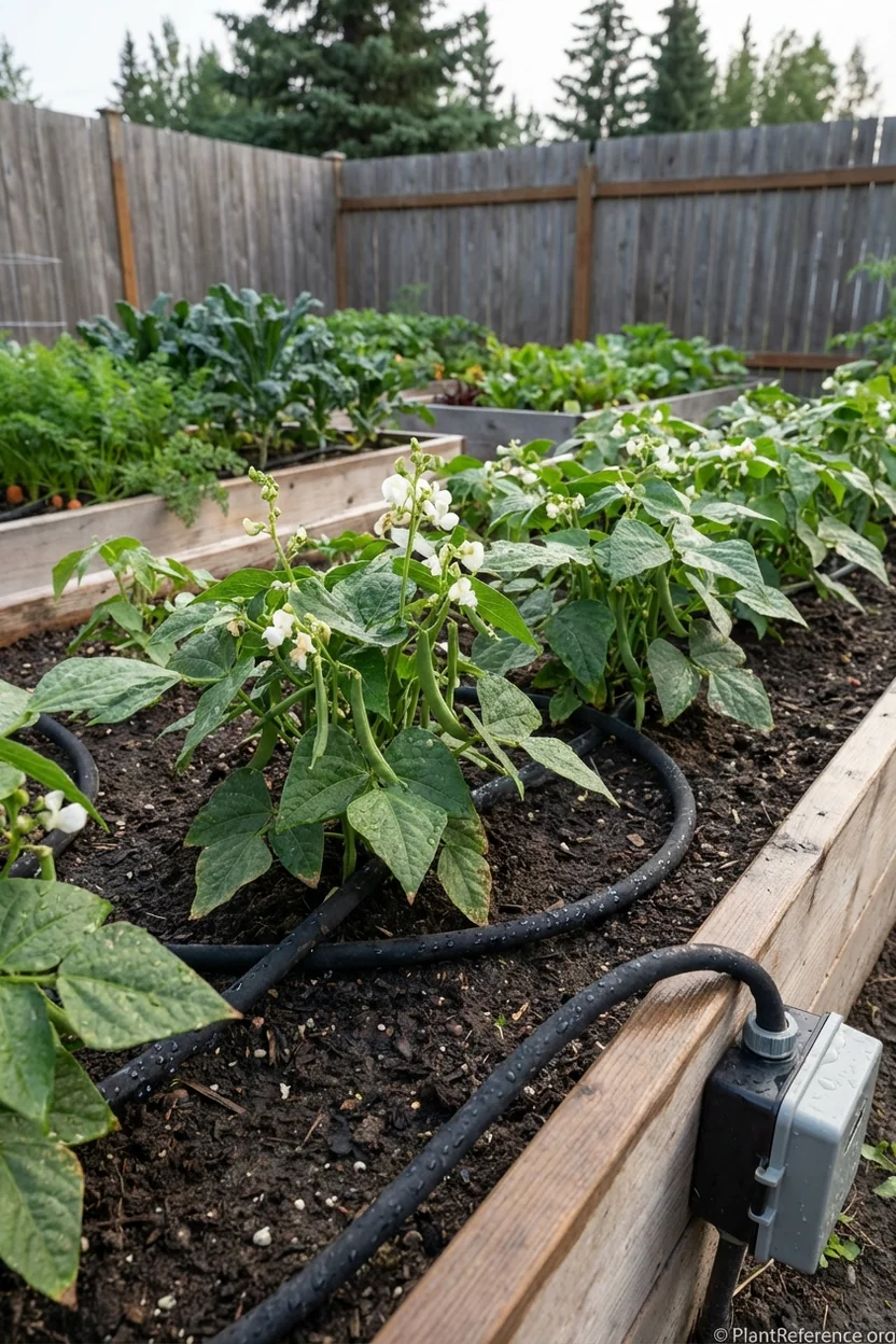 Soaker hose watering system for green beans in Anchorage Alaska garden
