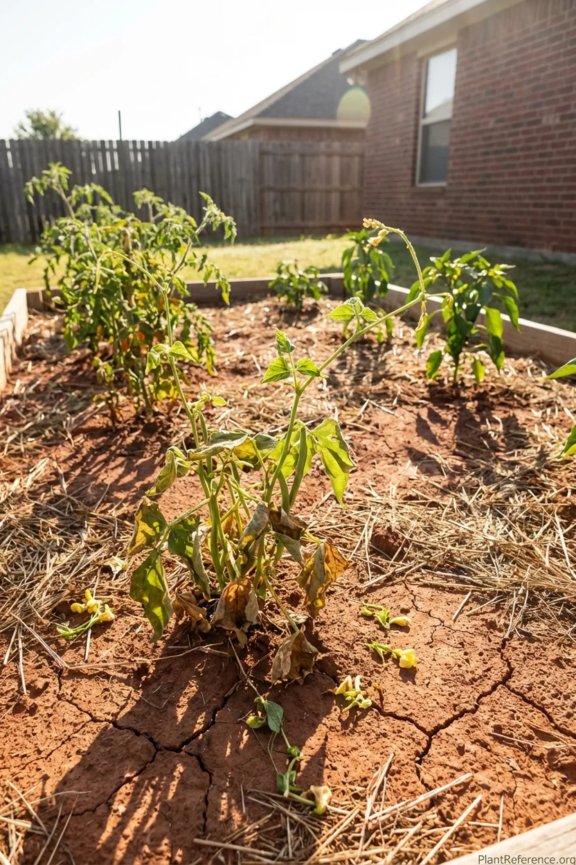 Bean plant with dropped blossoms on ground showing heat stress damage in Atlanta
