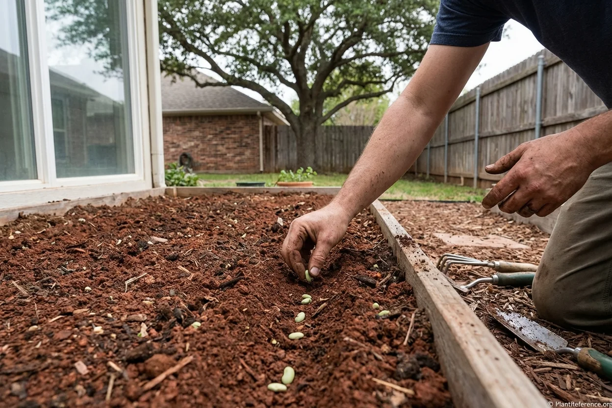 Planting green bean seeds in amended red clay soil in Atlanta garden