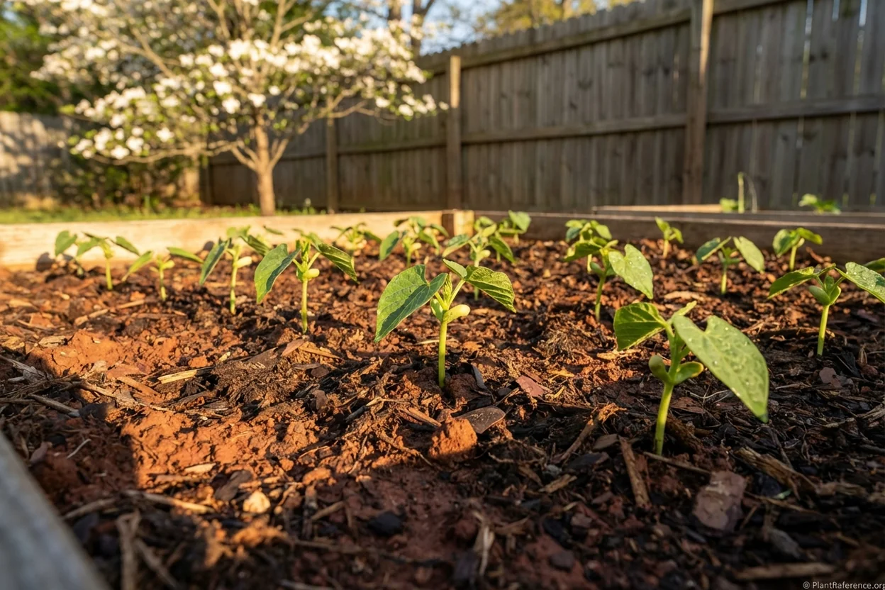 Provider green bean seedlings emerging in Atlanta red clay soil in spring