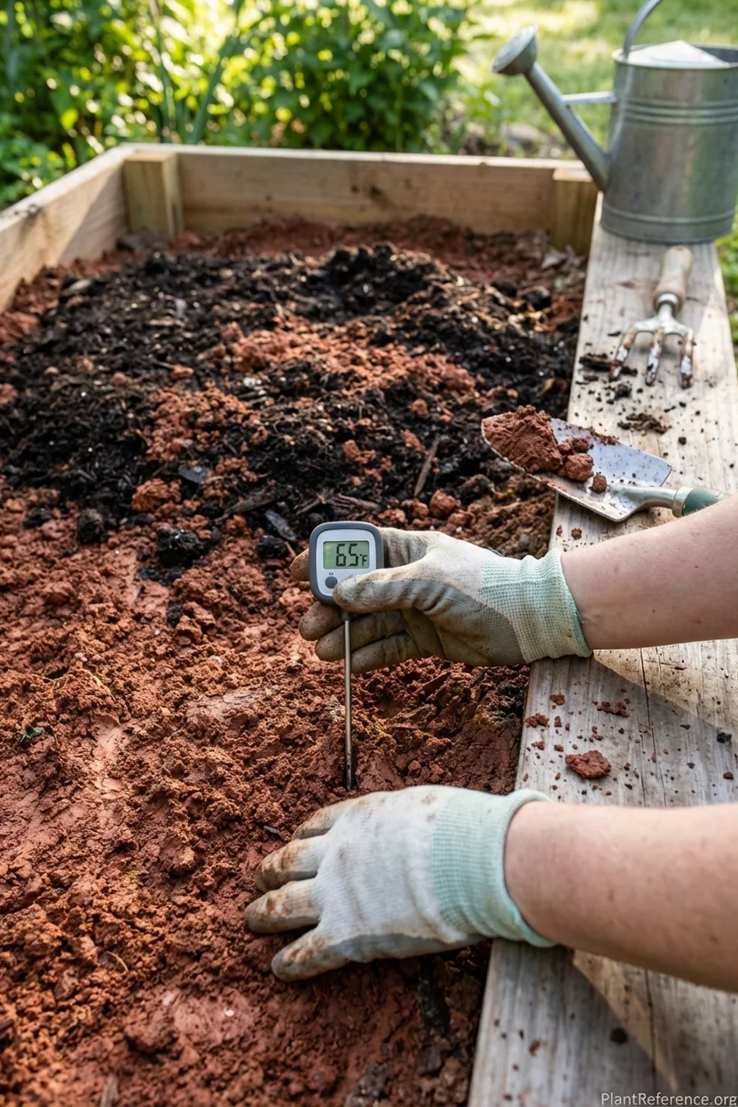 Soil thermometer reading 65 degrees in Atlanta garden bed for bean planting