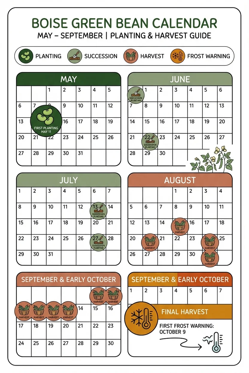 Boise Idaho green bean planting calendar showing succession planting dates for Zone 6a