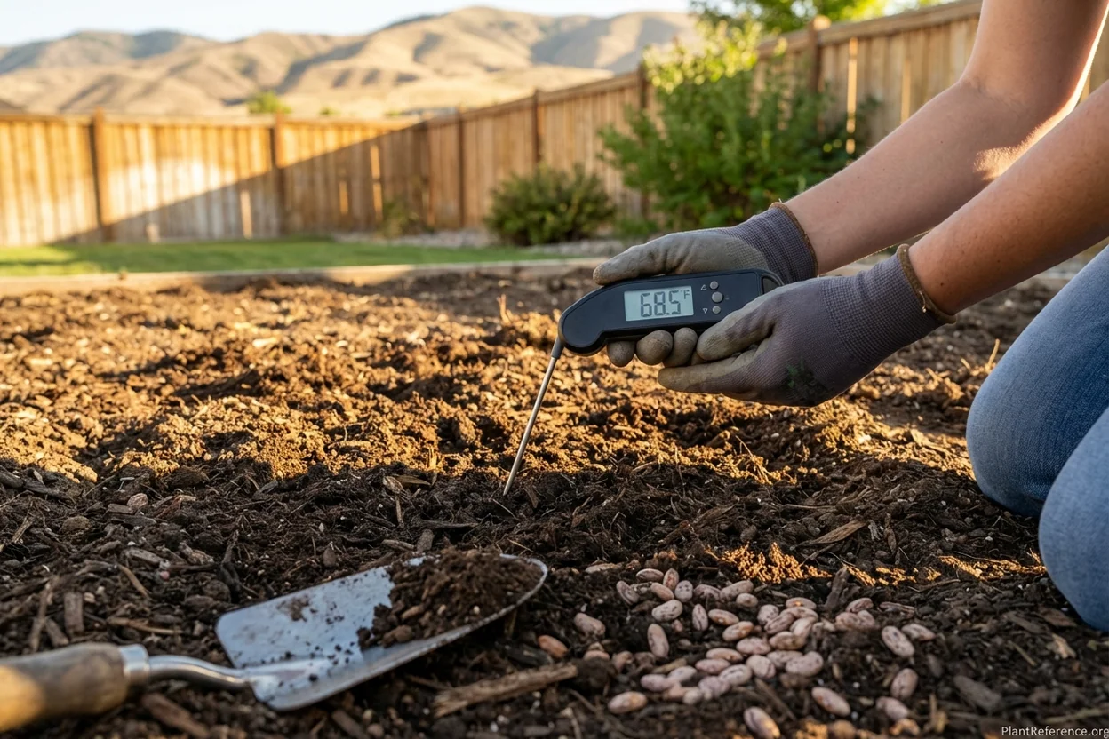 Testing soil temperature before planting green beans in Boise Idaho Zone 6a garden
